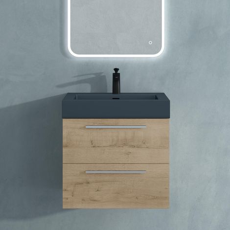 Mai & Mai Mobile Bagno Sospeso60cm, Mobile da Bagno con Lavabo in Antracite Opaco, Rovere chiaro, Seria Quadratto (1/5)