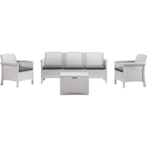 Salotto da giardino in resina effetto rattan divano tre posti più due poltrone e un tavolino - Bianco (1/4)