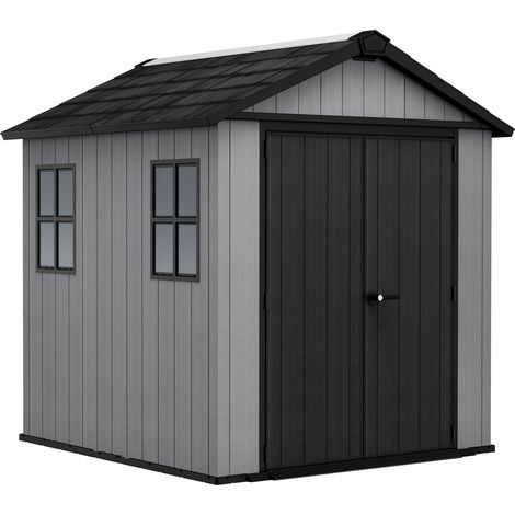 Newton + 757/775 - Gartenhaus 223x246x230 cm mit 2 Türen zur Geräteaufbewahrung, Holzoptik-Oberfläche Evotech+ aus Kunstharz in Grau und Schwarz