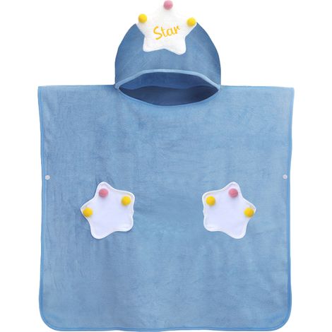 Serviette de bain à capuche en coton doux bouclé, bleue, idéale pour la piscine ou la plage.