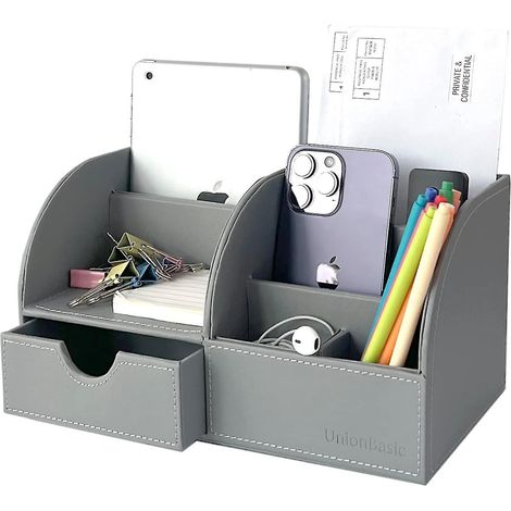 Unionbasic Schreibtisch-Organizer, multifunktionaler Schreibtisch-Organizer aus Leder, Stiftehalter – Halter für Visitenkarten/Stifte/Bleistifte/Handy/Schreibwaren, StoraGrey (1/5)