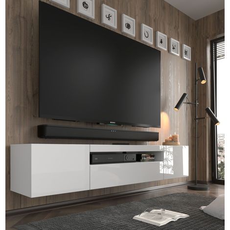 Aura TV-Möbel 200x37x42H cm Hänge- oder Bodenmöbel mit Füßen Korpus: weiß matt, Fronten: weiß glänzend (1/5)