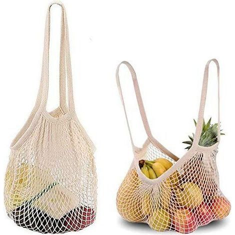 2pcs Sacs à Provisions En Filet De Coton, Sac Filet Maille Réutilisable, Sacs à Cordes En Coton Avec Longue Poignée Pour Le Shopping, Le Stockage beige (1/5)