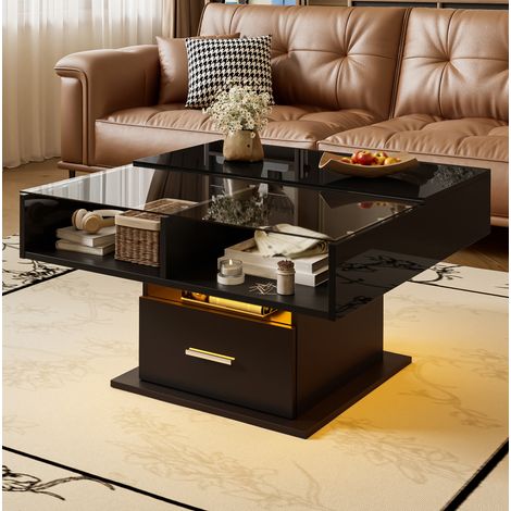 Table basse relevable 78x78 cm noire en panneau de particules avec LED, rangement et hauteur réglable (1/5)