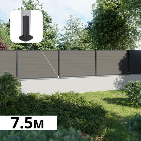 Kit Clôture Composite sur Muret RIO Platine 7,5x1,2m - Bois composite & Aluminium - Poteaux sur Platines Gris - Brise vue