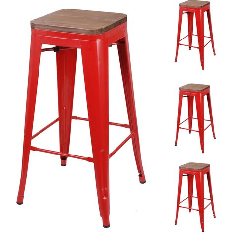 Lot de 4 tabourets de bar 43x43x77 cm en bois et métal rouge - GALTON