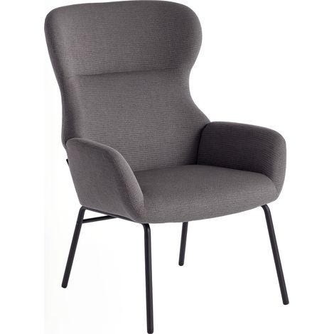 Fauteuil oreilles capitonné dossier haut rembourrage épais, pieds métal, fauteuil salon moderne gris élégant (1/5)