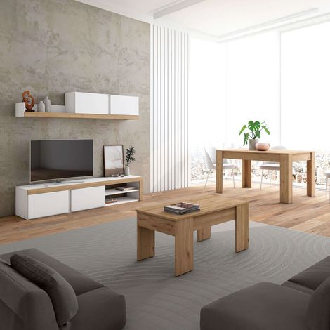 Pack de Muebles de Salón Estilo Moderno Color Blanco Mate y Roble Naturale con Mueble TV, Mesa Centro y Mesa Comedor Extensible (1/5)