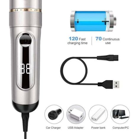 Professional Hair Clipper IPX7 LCD Hair Clipper with Ceramic Blade and Motorized Adjustment Comb 3/6/9/12 mm Waterproof Rechargeable for Home or Hairdresser Use (Silver)