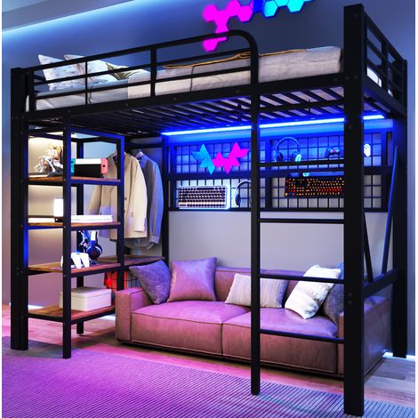 Hochbett Metall und MDF schwarz 90x200 cm mit LED-Lichtleiste, Ablagefach und offenem Raum (1/5)