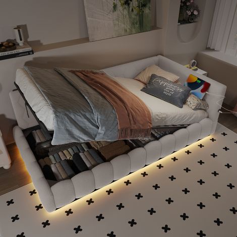 Lit banquette 90x200 cm, canapé-lit, sommier, LED, mécanisme hydraulique, USB Type-C, simili, blanc, chambre d'appoint, matelas non inclus (1/5)