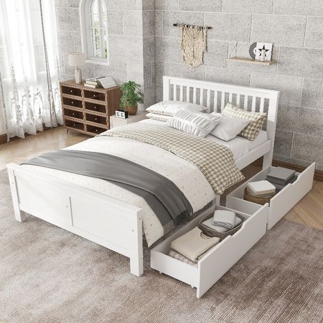 Holzbett 140x200 cm mit 2 Schubladen und Stauraum, Doppelbett aus massivem Kiefernholz, minimalistisches Bettgestell in Weiß für Jugendzimmer (1/5)