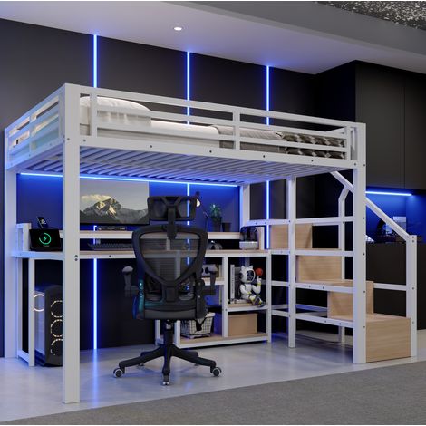 Hochbett 140x200cm Weiß mit Leiterschrank, USB-C & LED-Licht – Jetzt Stauraum & Romantik für Ihr Kinder- oder Jugendzimmer (1/5)