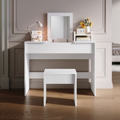 SONNI Weißer Klappspiegel Schminktisch Set Platzsparendes 2-in-1 Tischdesign mit Hocker 1000x450x760mm (1/5)