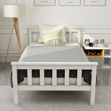 Letto in legno, letto singolo composto da struttura letto con rete a doghe, letto in legno con testiera - 90 x 200 cm, letto per bambini in legno massello, letto per ragazzi, pino massello, bianco