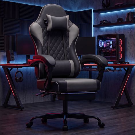 Fauteuil gaming 54x66x121 cm en PVC noir et gris avec repose-pieds, pour bureau – MEUBLIV (1/5)