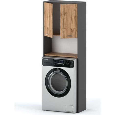 Stehender Badezimmerschrank aus grauer Eiche, Wotan-Waschmaschinenschrank, 64 cm Stange