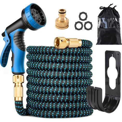 15 m langer, einziehbarer Gartenschlauch, 3-lagiges Naturlatex, flexibler Gartenschlauch mit Absperrventil, 10 Düsenfunktionen, inklusive Haken und Aufbewahrungstaschen (1/5)