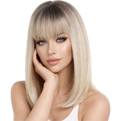 Peluca Luvu para mujer con flequillo, cabello liso rubio claro, efecto ombré natural. (1/5)