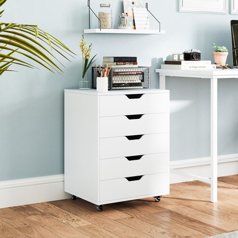 COSTWAY 5 Drawer Chest Storage Wooden Dresser Rolling Storage Cabinet Mobile Organizer (1/5)