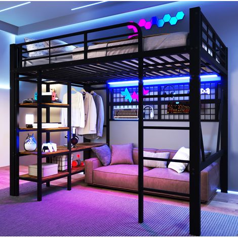 Cama alta dormitorio con LED y almacenaje metal negra OKMYHOME (1/5)