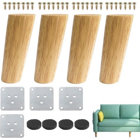 Lot de 4 Pieds de Meuble en Bois Oblique Pieds de Table en Bois Conique Massif 12 cm Pieds de Canapé de Rechange avec Vis et Protecteur antidérapant pour Meuble TV Armoire Meuble Sofa Fauteuil Lit (1/5)