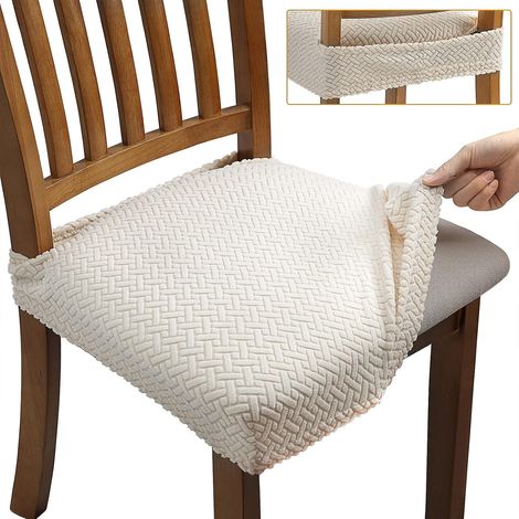 Stuhlhussen für Esszimmerstühle, Jacquard-Stretch, abnehmbar, waschbar, Schonbezüge (mit Rückengurten), Beige, 4 Stück (1/5)