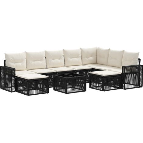 vidaXL Set Divano da Giardino 10 pcs Nero e Bianco Crema polyrattan