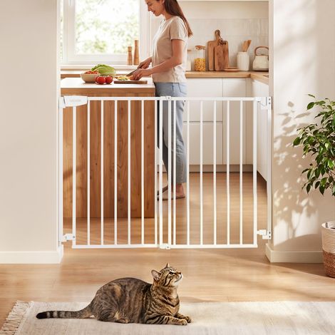 72-108,5 cm Barrière de Sécurité Bébé et Chien Protection Maison Escaliers Sans Seuil au Sol Fixation Murale Blanc (1/5)