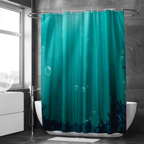 Rideau de douche motif hippocampes et coraux aquarelle, polyester imperméable, 90x180 cm (1/5)