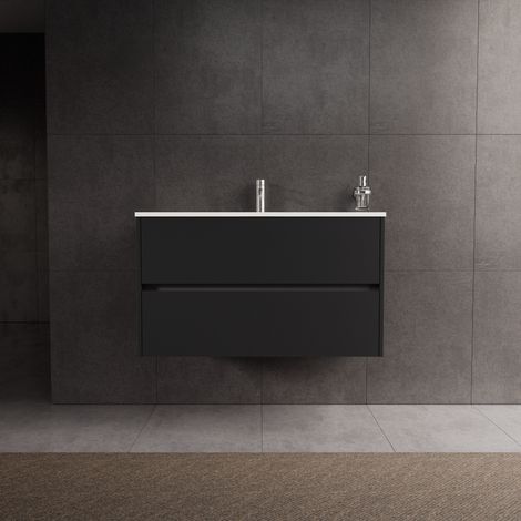 Inda - Badezimmerschrank 2 Schubladen L.100 mit glänzendem Waschbecken / Mattschwarz - diamante