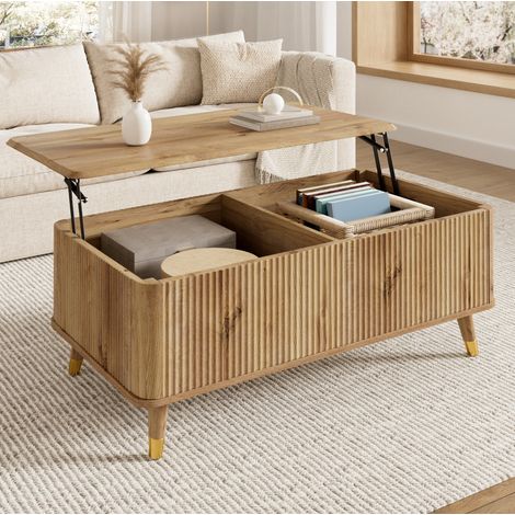 Table basse relevable 97x52x56,5 cm en MDF couleur bois, avec rangement, pour petit salon – MEUBLIV (1/5)