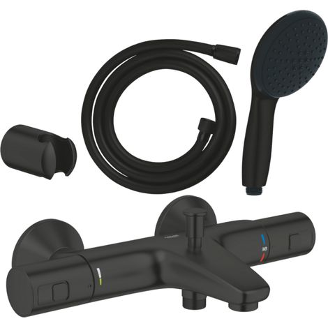 Pack mitigeur thermostatique bain douche GROHE Precision Start noir mat + Douchette 2 jets Vitalio Start 110 avec flexible et douchette