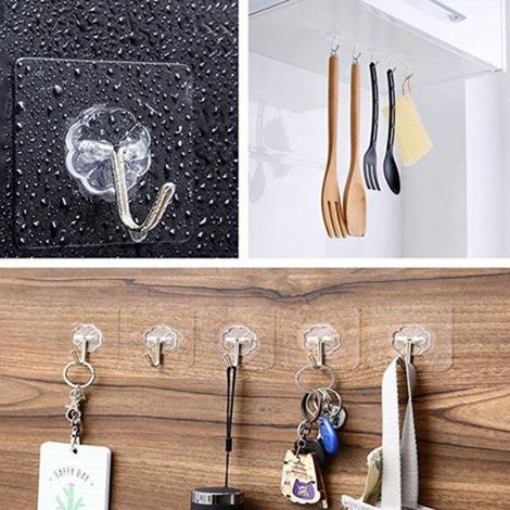 2 pièces crochets adhésifs transparents sans clou pour cuisine salle de bain accroche murale invisible porte porte-clés sans perçage (1/2)