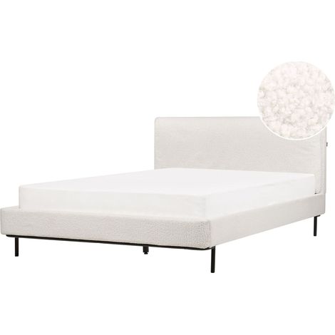 Lit Double Moderne avec Tête de Lit et Sommier Lattes 140 x 200 cm en Tissu Bouclé Blanc Cassé Corio (1/5)