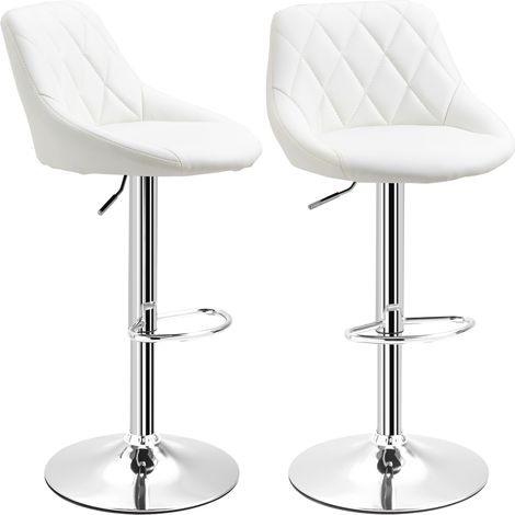 Set 2 Sgabelli da Bar Regolabili Girevoli con Schienale e Poggiapiedi, Finta Pelle Bianco, Base Metallo 46x48x83-104cm (1/5)