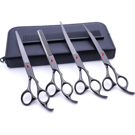 Professionelles 6-in-1 Hundefriseur-Scherenset aus 7-Zoll-Edelstahl, bestehend aus gerader, Ausdünn- und gebogener Schere mit 4CR-Titanbeschichtung und einem Kamm.