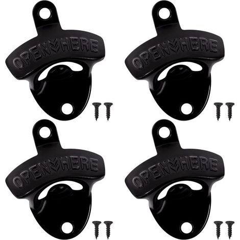Abridor de Botellas de Pared, 4 Piezas Negro con Tornillos, Decoración Rústica para Bar, Cocina y Bodega (1/4)
