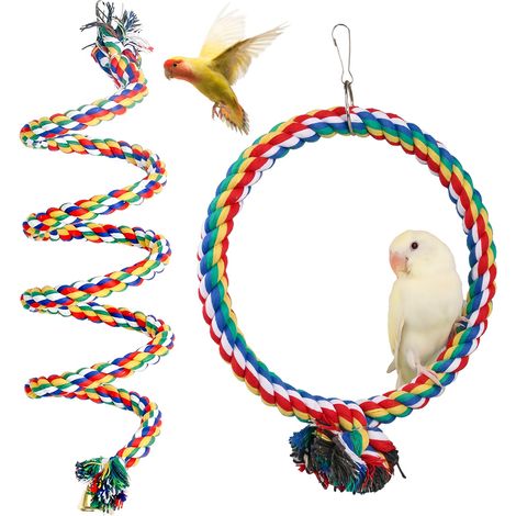 Lot de 2 cordes d'escalade pour oiseaux: 150 cm - Corde spirale colorée en coton - Diamètre 18 cm - Jouet circulaire pour perroquet, , corde d'escalade pour perruches, calopsittes et (1/4)