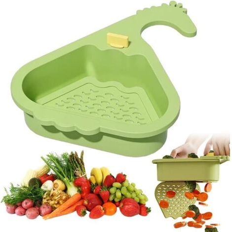 Panier D'évier 2025,Filtre D'Angle à Vidage Automatique Améioré 2025 Avec Porte-éponge, Passoire Automatique Pour évier D'Angle, Compartiment De Rangement Pour Aliments (Vert) (1/5)