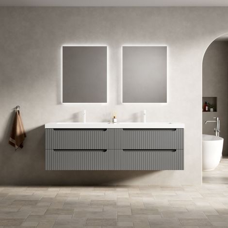 Waschtisch mit Unterschrank 160 cm, Mineralwerkstoff/Mehrschichtfurnier, Dunkelgrau oder Weiß, 2 Soft-Close-Schubladen