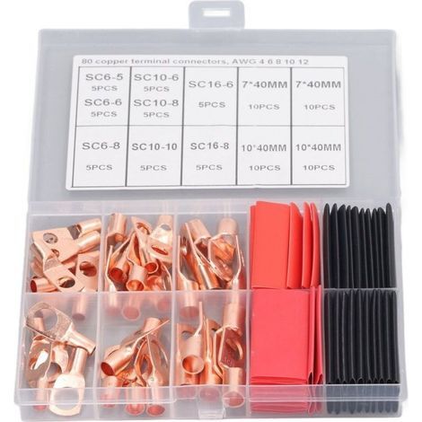 80 pieces Red copper battery cable end ring crimp wire lug connector with heat shrink tubing, (1/4)