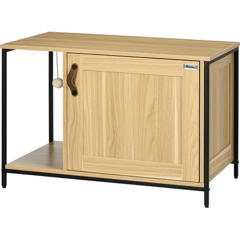 Litière chat porte latérale boule suspendue châssis acier aspect bois clair 55x45x40cm