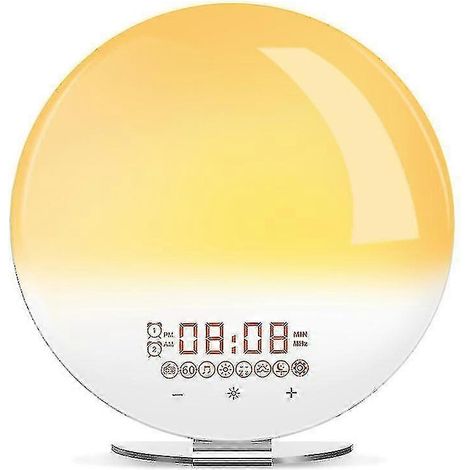 Réveil simulateur d'aube, lampe de réveil/lumière fluorescente, avec double alarme et fonction snooze, réglage de la luminosité sur 20 niveaux et éclairage 7 couleurs, S (1/5)