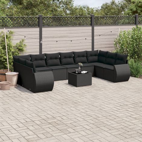 11-tlg. Garten-Sofagarnitur mit Kissen Schwarz Poly Rattan (1/5)