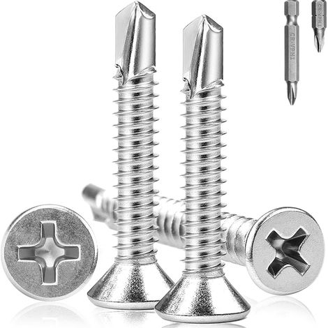 160 Pièces Vis Autoperceuse Metal M4.2x32mm Vis Autoforeuse Inox 410 Autoperforante Plate Phillips à Tête Fraisée Autotaraudeuse Avec Deux Forets PH1 pour Fixation de Bois Tôle Plastique (1/5)