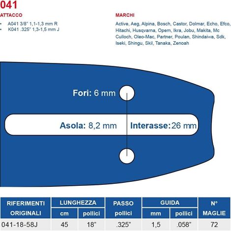 Barra motosega 45 cm - 18" passo .325", spessore 1.5 mm - .058" attacco 041, 72 maglie 452713