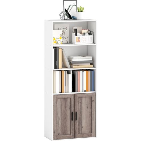Libreria a 5 ripiani con vani a giorno e 1 armadietto, 60 x 30 x 149,5 cm, bianca