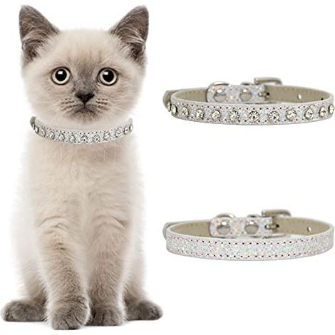 Set mit 2 verstellbaren Sicherheitshalsbändern aus Leder mit Strasssteinen für kleine Hunde und Katzen, silberfarben (1/5)