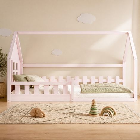 MEUBLIV Letto per bambini 90x200 cm rosa – struttura a casetta con barriera, senza materasso (1/5)